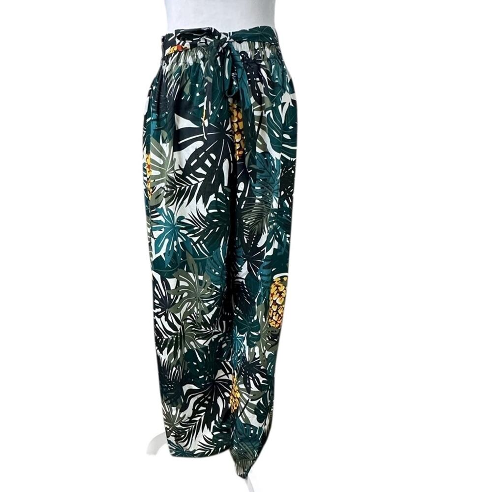 Breeze Ever Wide Leg Paper Bag Waist Tropical Print Hawaiian Pants Size Medium